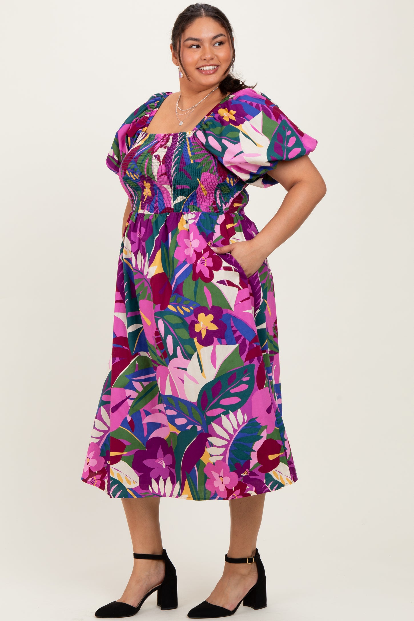 Purple Smocked Tropical Floral Plus Midi Dress