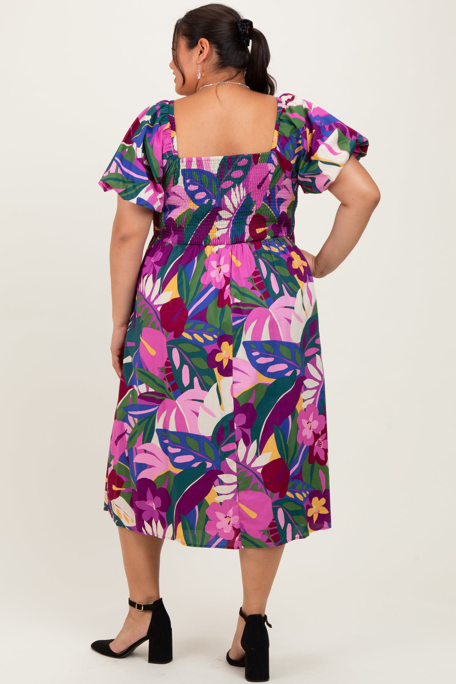 Purple Smocked Tropical Floral Plus Midi Dress