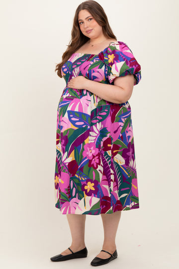 Purple Smocked Tropical Floral Maternity Plus Midi Dress