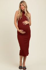 Rust Simple Mock Neck Midi Slip Maternity Dress