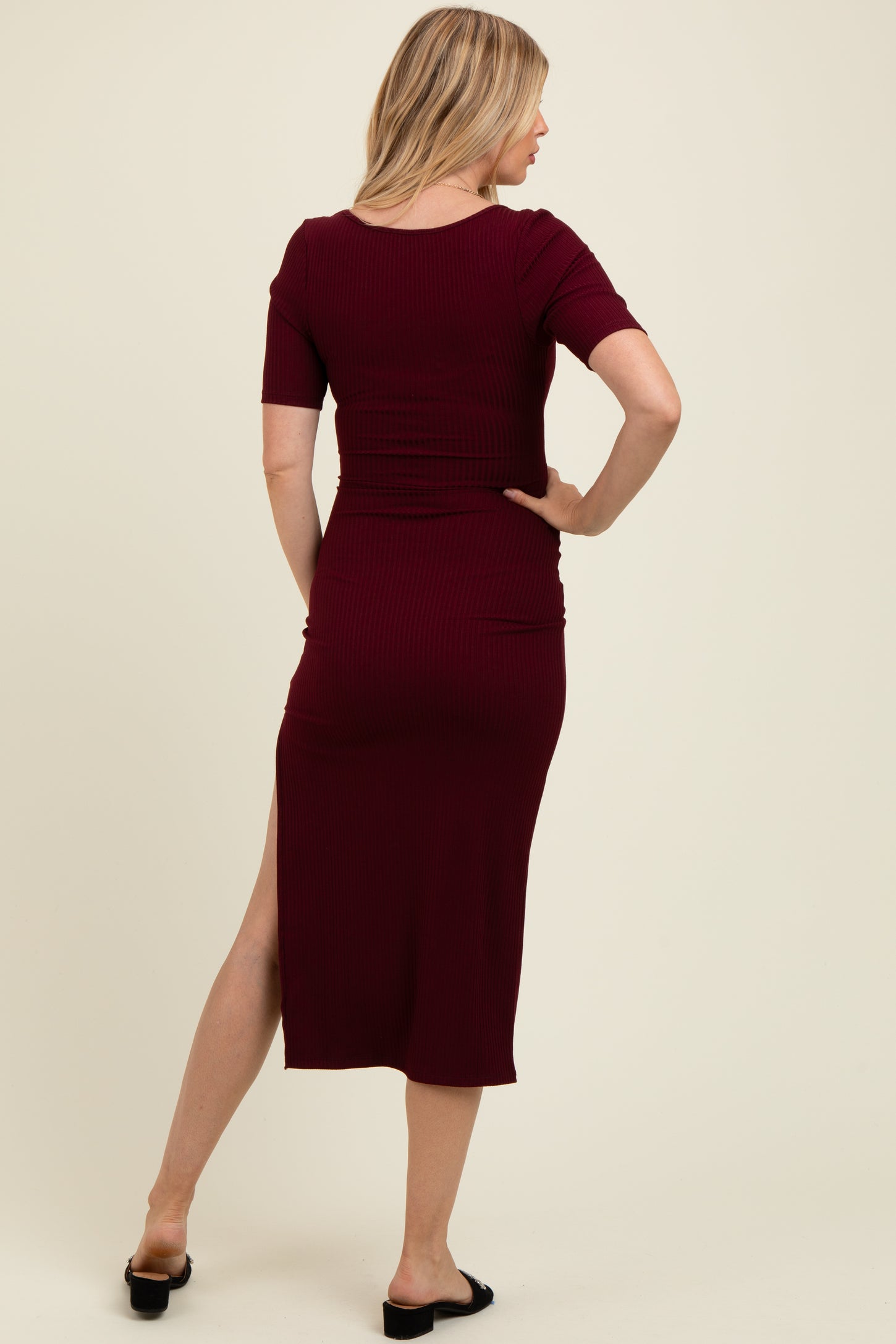 Wine Short Sleeve Midi Slip Maternity Dress