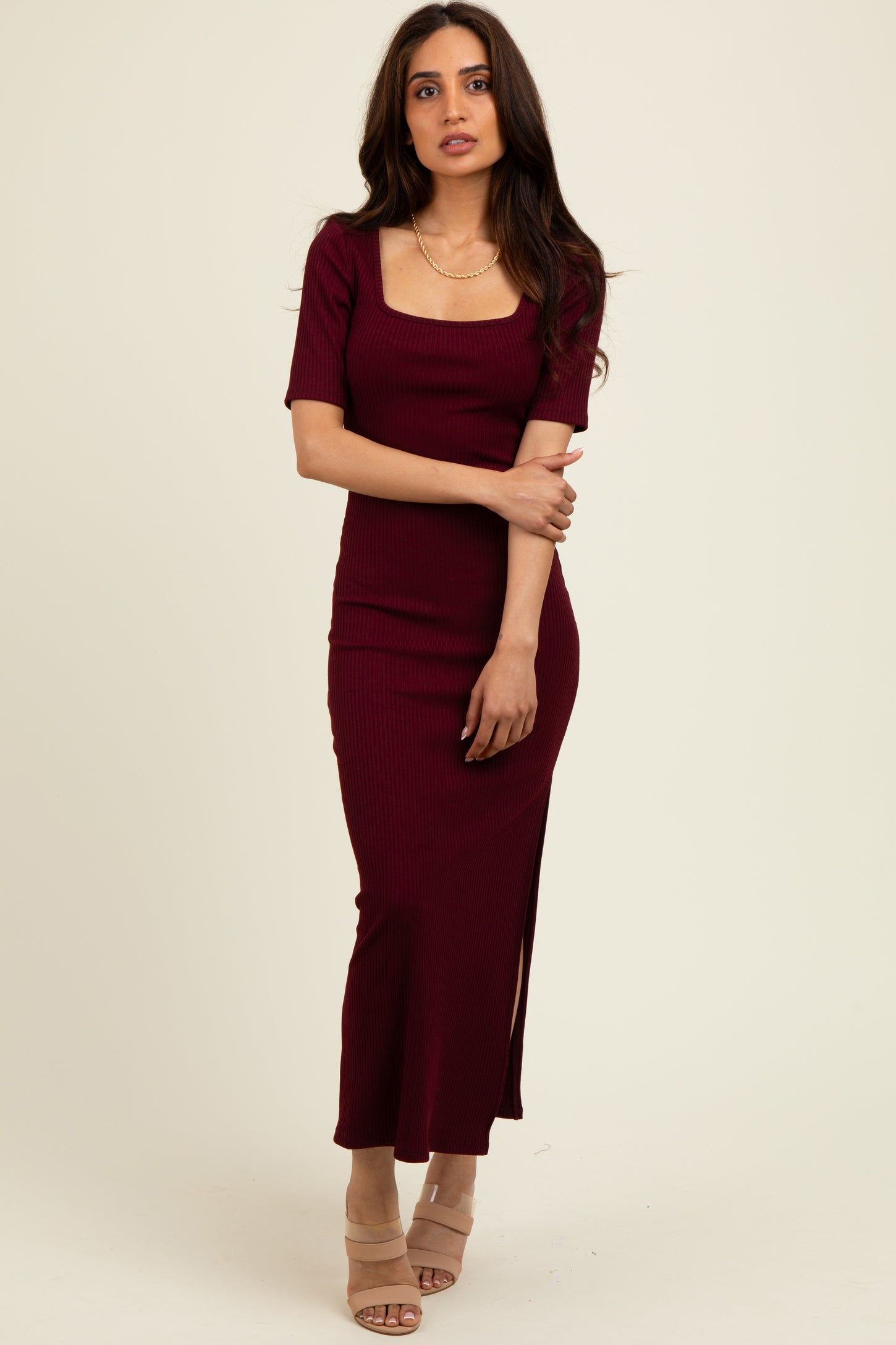 Wine Short Sleeve Midi Slip Maternity Dress
