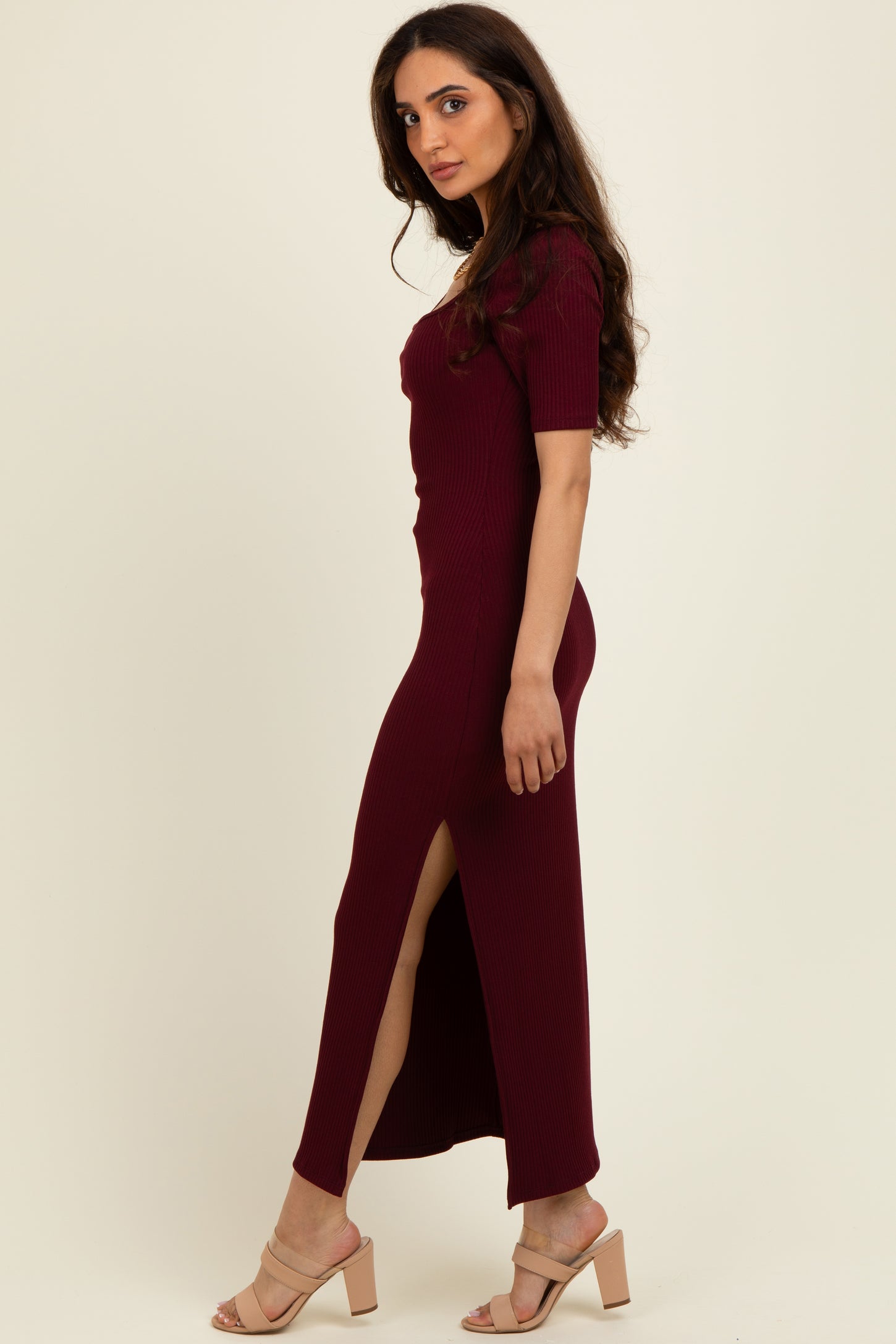 Wine Short Sleeve Midi Slip Dress