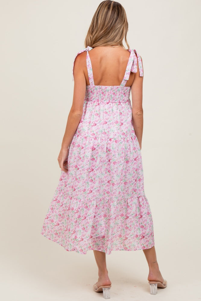 Light Pink Floral Shoulder Tie Maternity Midi Dress
