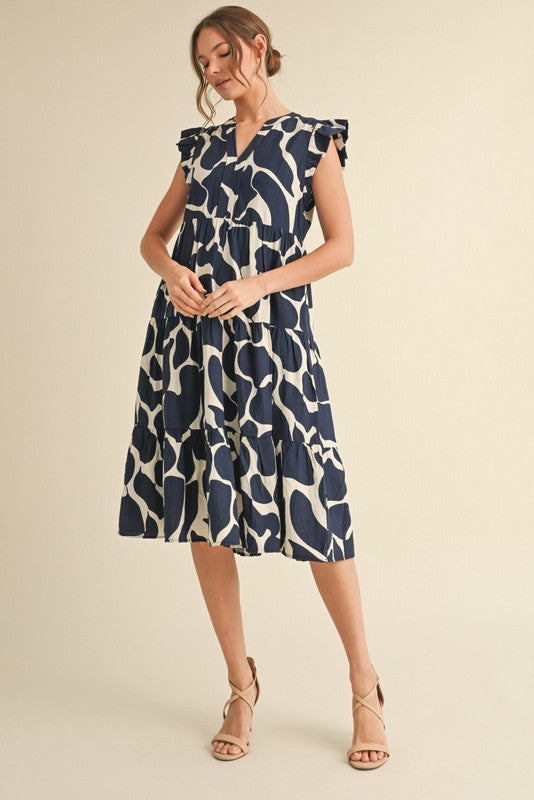 Navy Print Tiered Layer Midi Dress