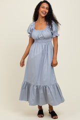 Dusty Blue Eyelet Embroidered Sleeve Cotton Midi Dress