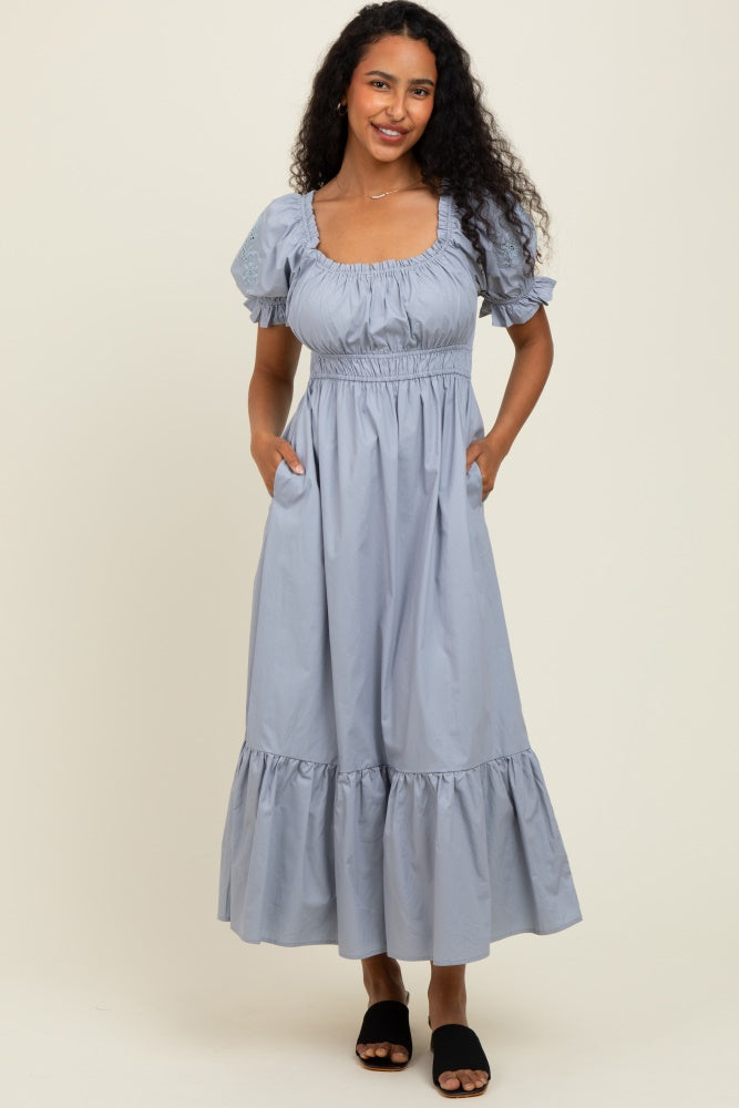 Dusty Blue Eyelet Embroidered Sleeve Cotton Maternity Midi Dress PinkBlush Dusty Blue Eyelet Embroidered Sleeve Cotton Maternity Midi Dress PinkBlush