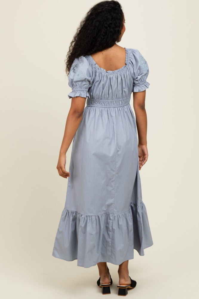 Dusty Blue Eyelet Embroidered Sleeve Cotton Midi Dress
