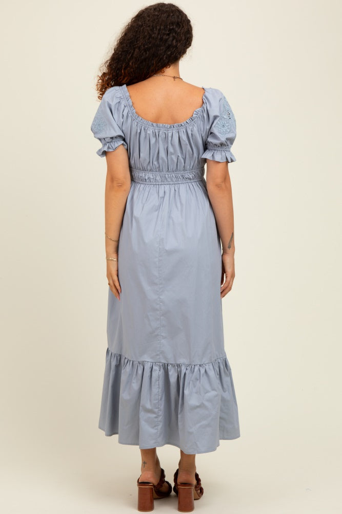 Dusty Blue Eyelet Embroidered Sleeve Cotton Maternity Midi Dress