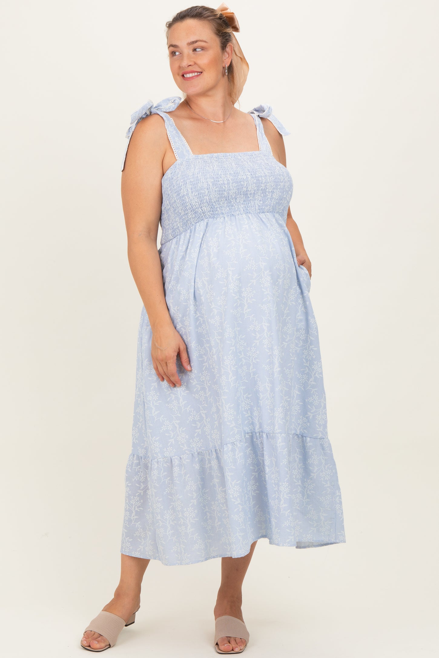 Blue/Ivory Plus Size Textured Floral Maternity Maxi Dress