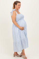 Blue/Ivory Plus Size Textured Floral Maternity Maxi Dress