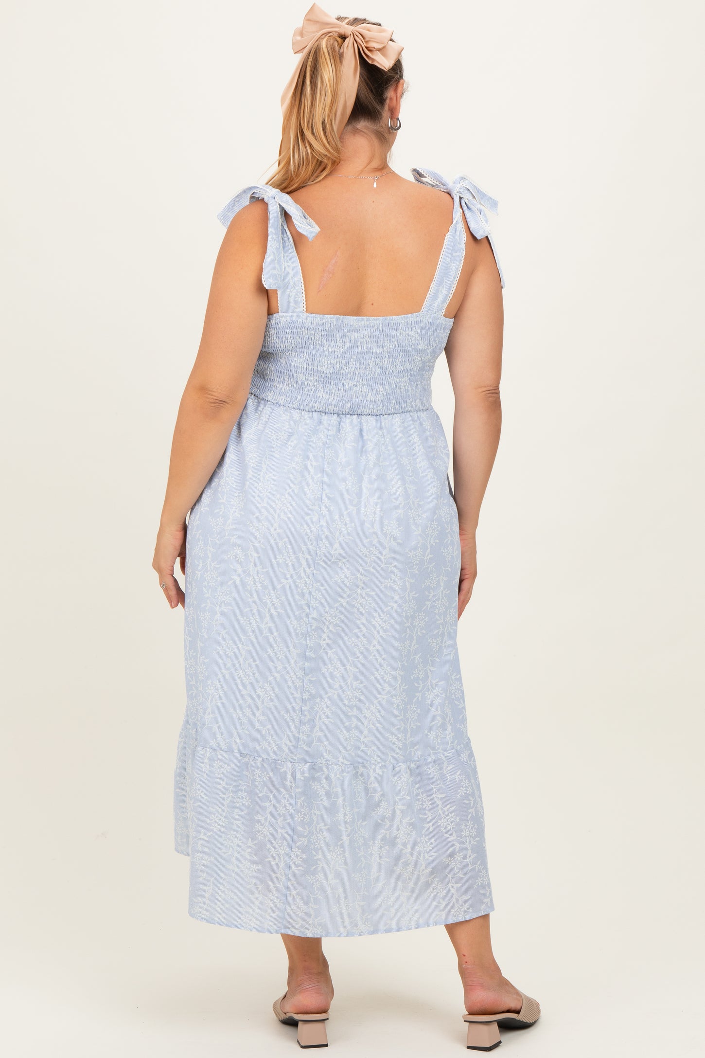 Blue/Ivory Plus Size Textured Floral Maternity Maxi Dress