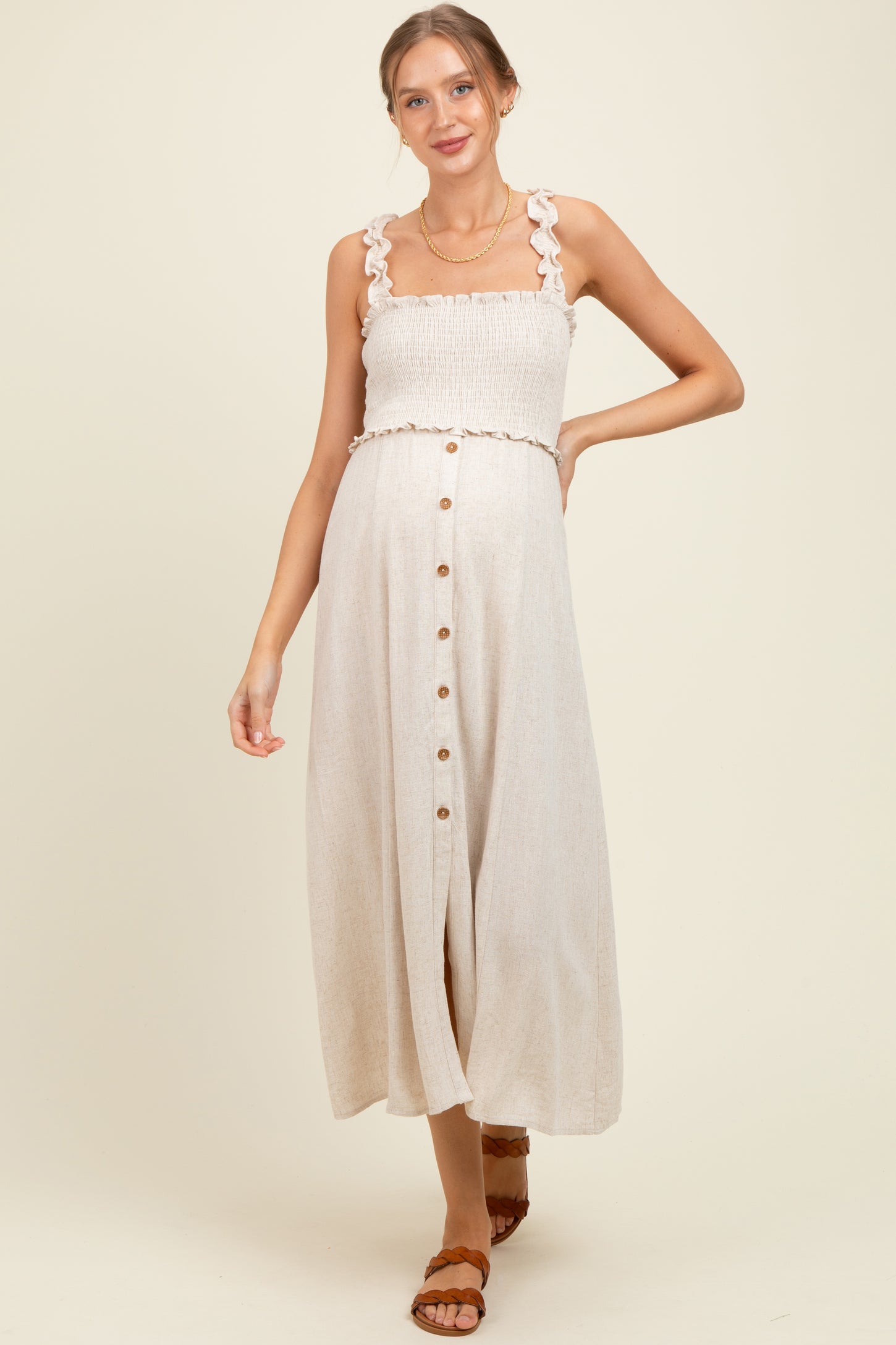 Oatmeal Smocked Button Front Linen Blend Maternity Midi Dress