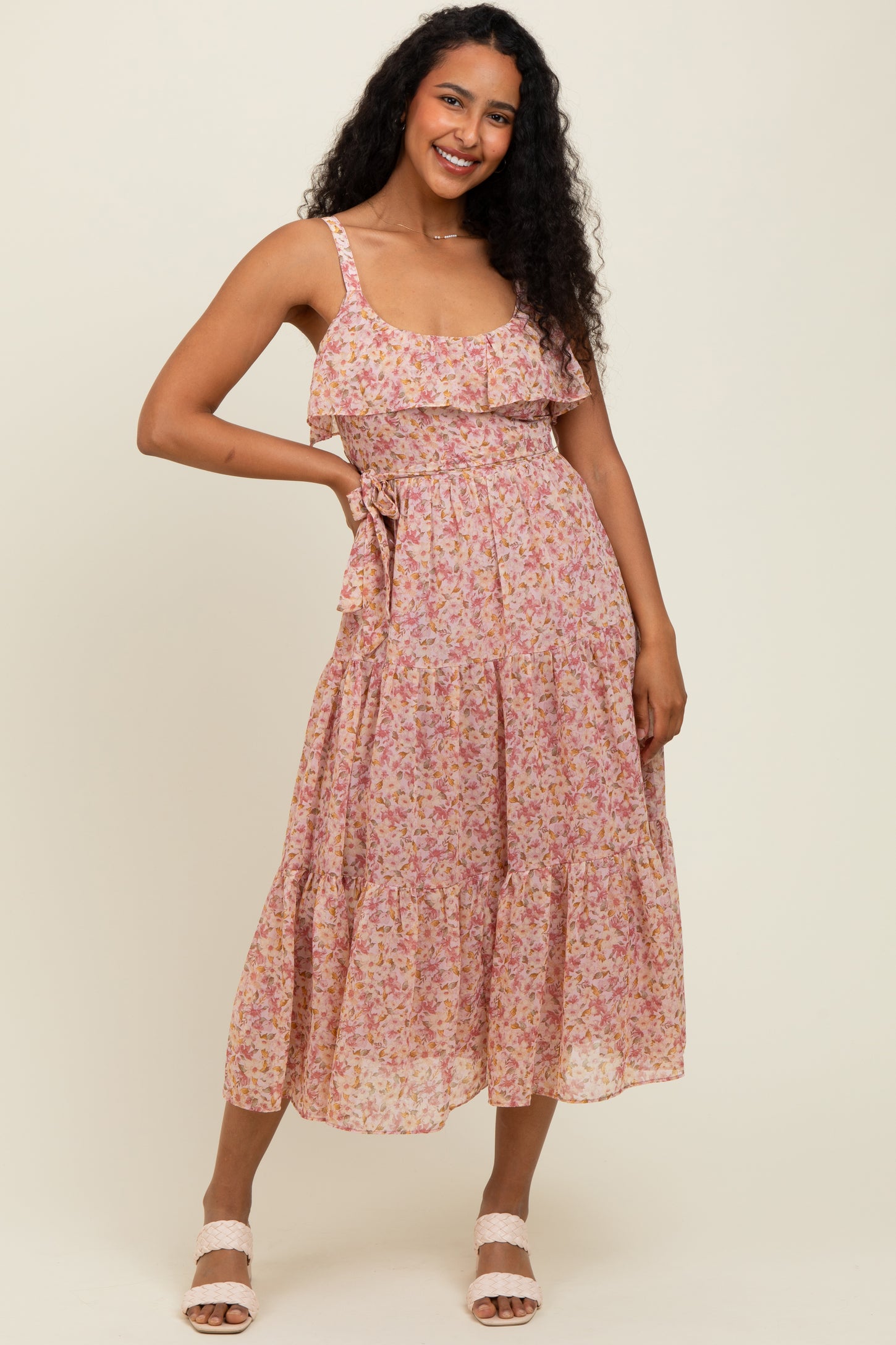 Pink Floral Ruffle Smocked Back Tiered Midi Dress