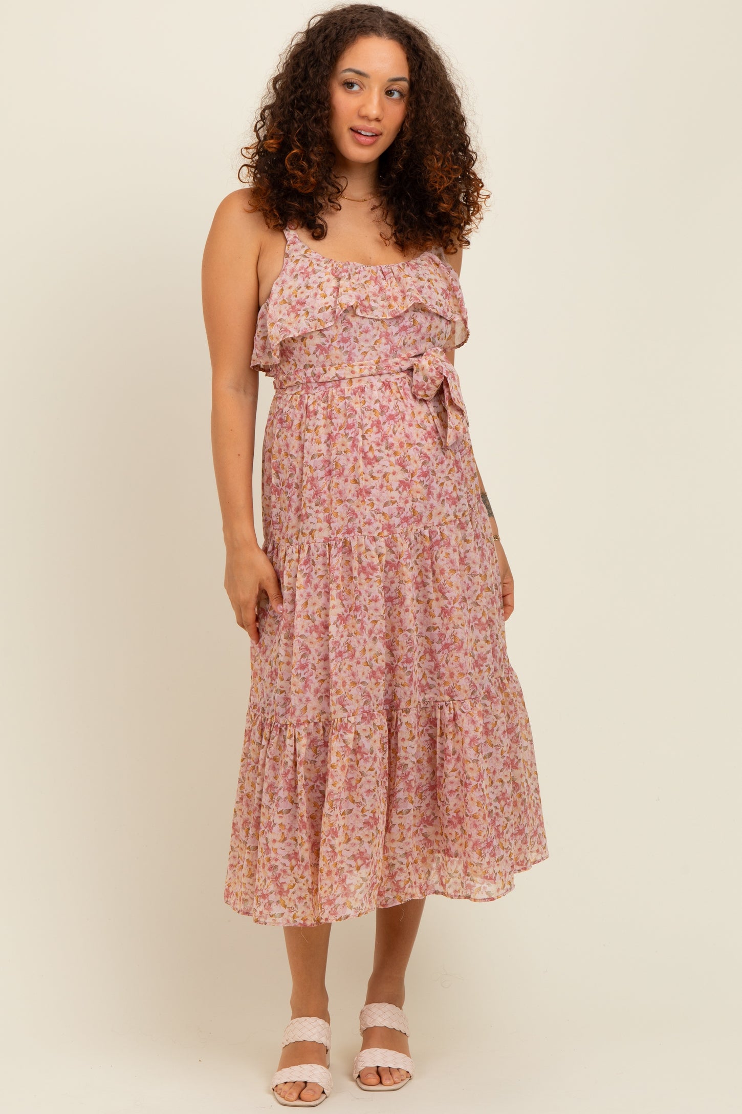 Pink Floral Ruffle Smocked Back Tiered Maternity Midi Dress