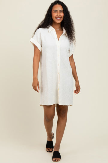 Ivory Textured Short Sleeve Button Down Shirt Dress
