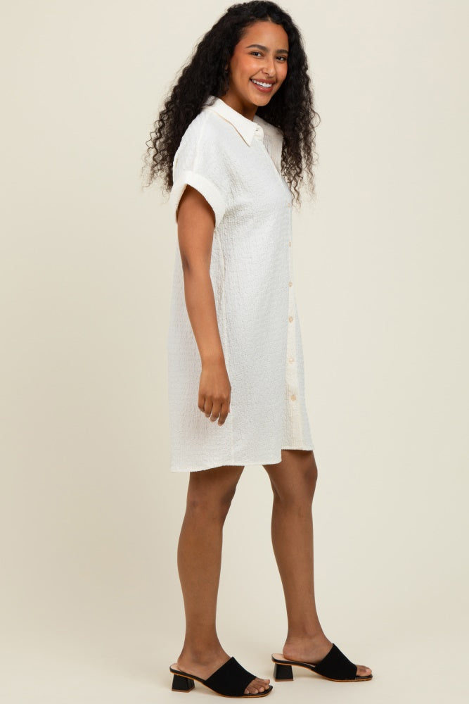 Ivory Textured Short Sleeve Button Down Shirt Dress