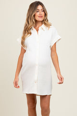 Ivory Textured Short Sleeve Button Down Maternity Shirt Dress