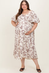 Cream/Brown Floral Print Bubble Sleeve Maternity Maxi Dress Plus Size