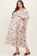 Cream/Brown Floral Print Bubble Sleeve Maternity Maxi Dress Plus Size
