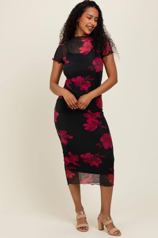 Black/Red Short Sleeve Digital Print Mesh Midi Dress