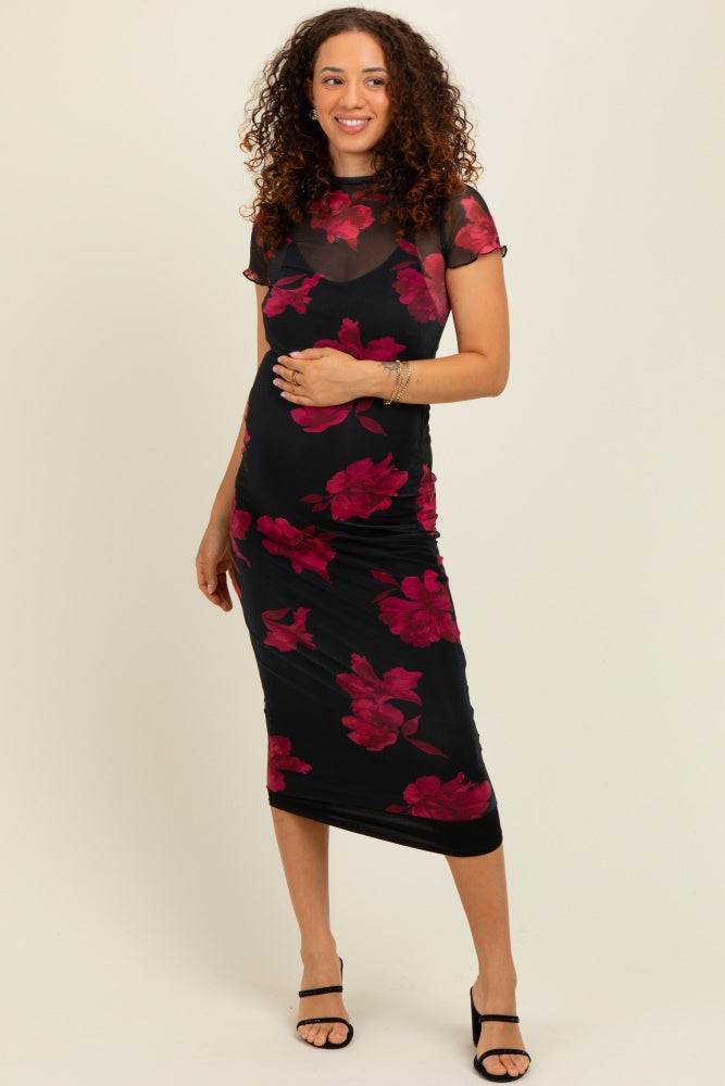 Black/Red Short Sleeve Digital Print Mesh Maternity Midi Dress