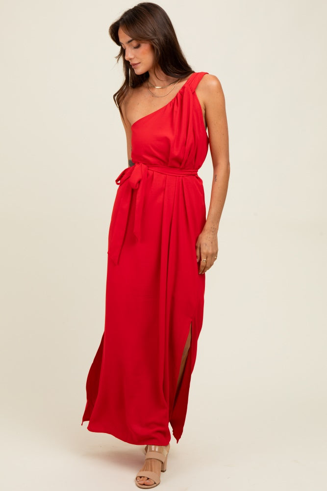 Red Asymmetrical Maternity Maxi Dress