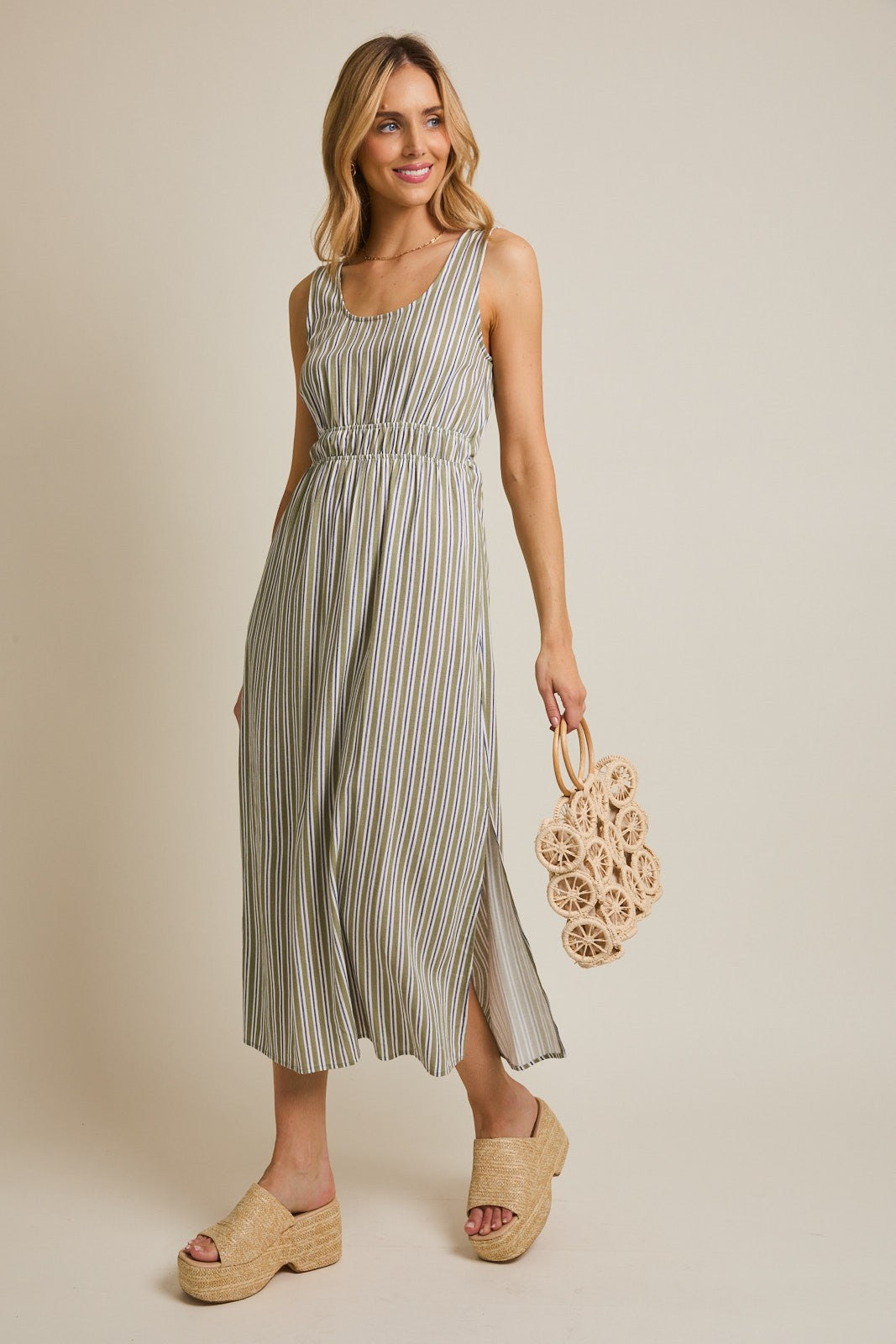 Olive-White Stripe Side Slit Maxi Dress