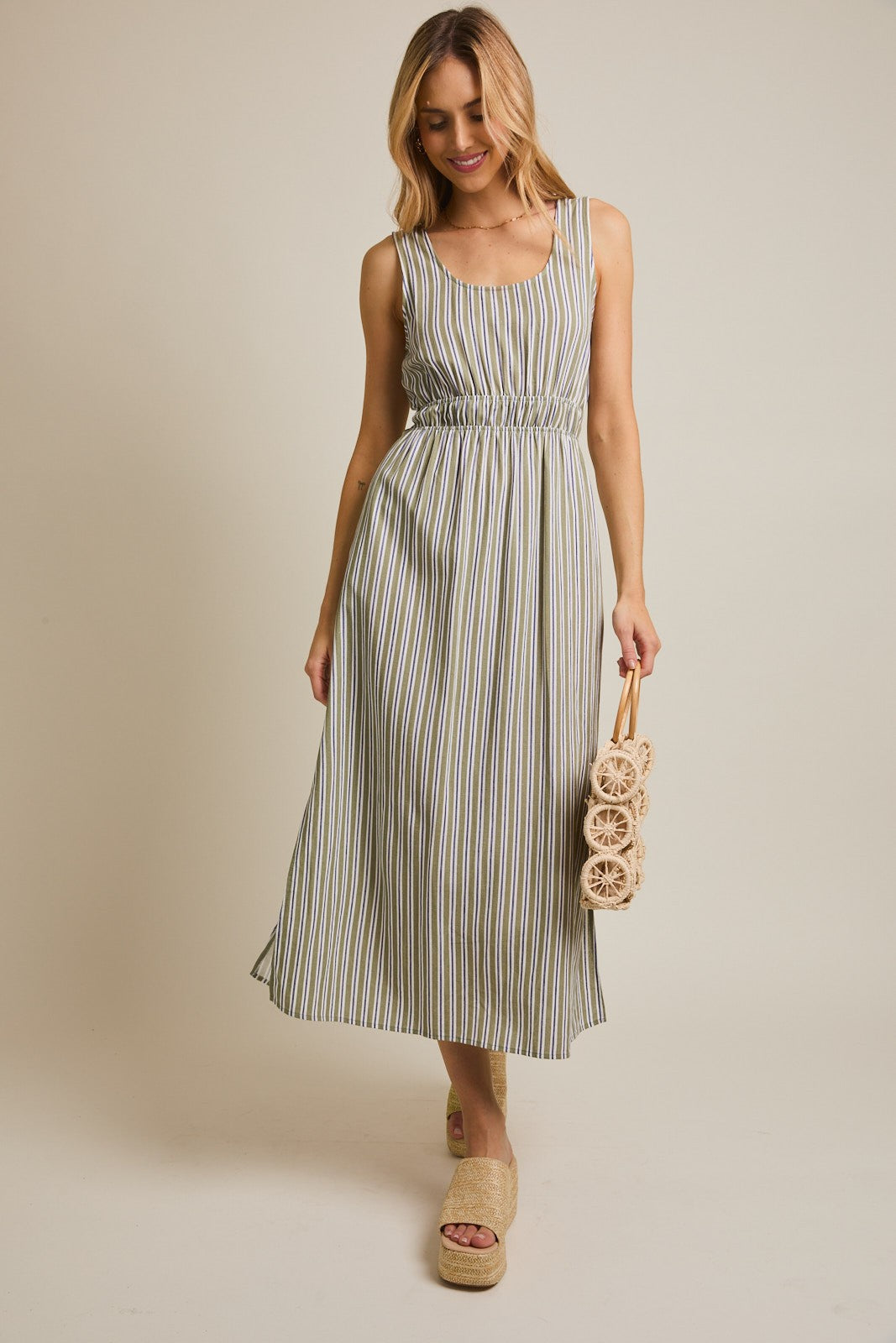 Olive-White Stripe Side Slit Maxi Dress