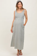 Olive-White Stripe Side Slit Maternity Maxi Dress