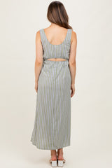 Olive-White Stripe Side Slit Maternity Maxi Dress