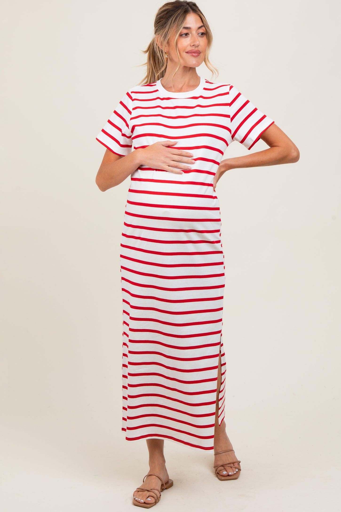 Red Striped Side Slit Maternity Maxi Dress