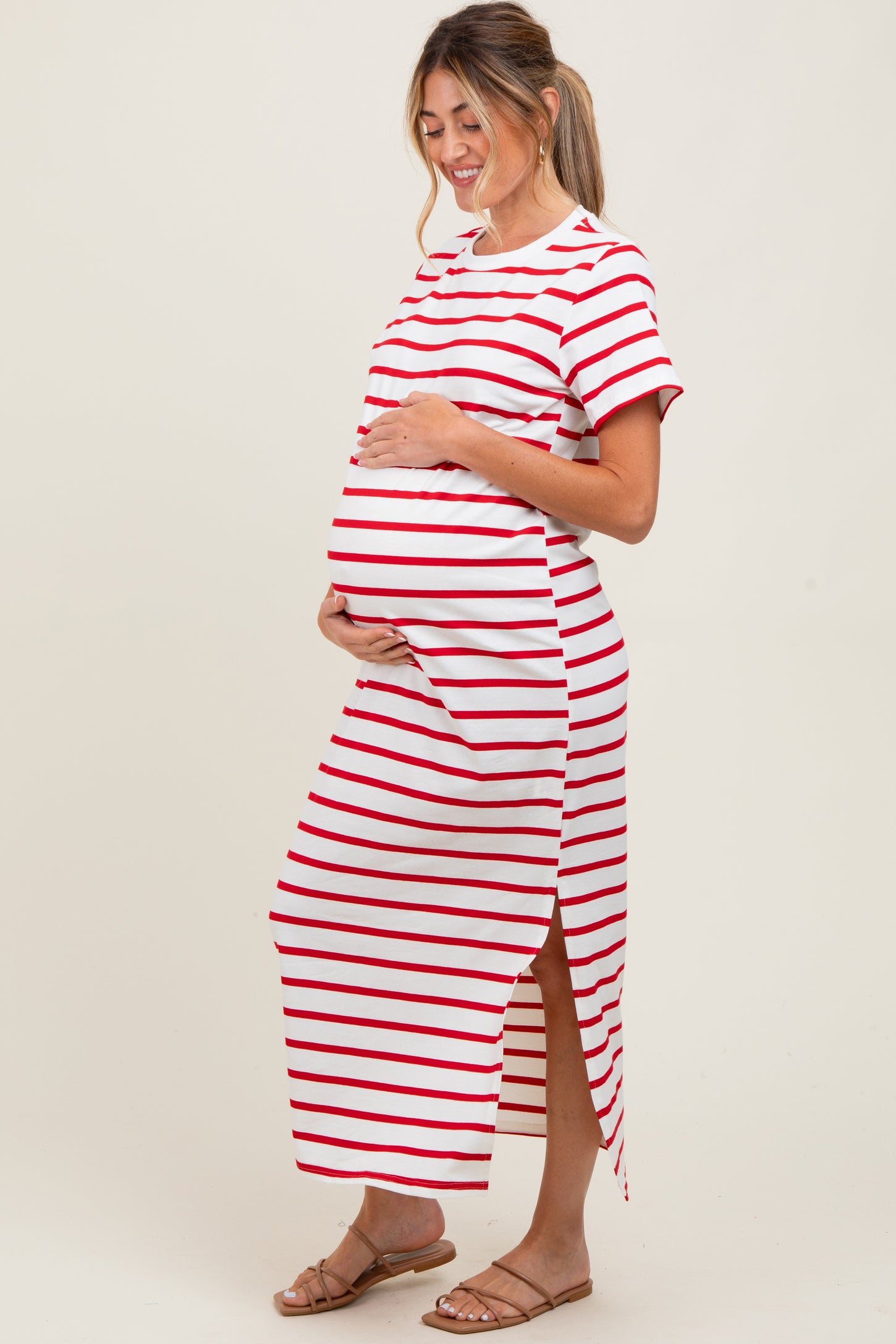 Red Striped Side Slit Maternity Maxi Dress