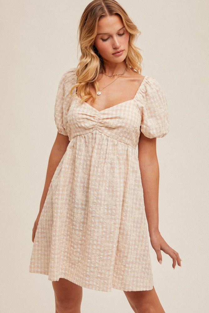 Beige Embroidered Gingham Sweetheart Neck Maternity Mini Dress