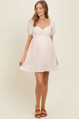Beige Embroidered Gingham Sweetheart Neck Maternity Mini Dress
