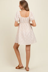 Beige Embroidered Gingham Sweetheart Neck Maternity Mini Dress