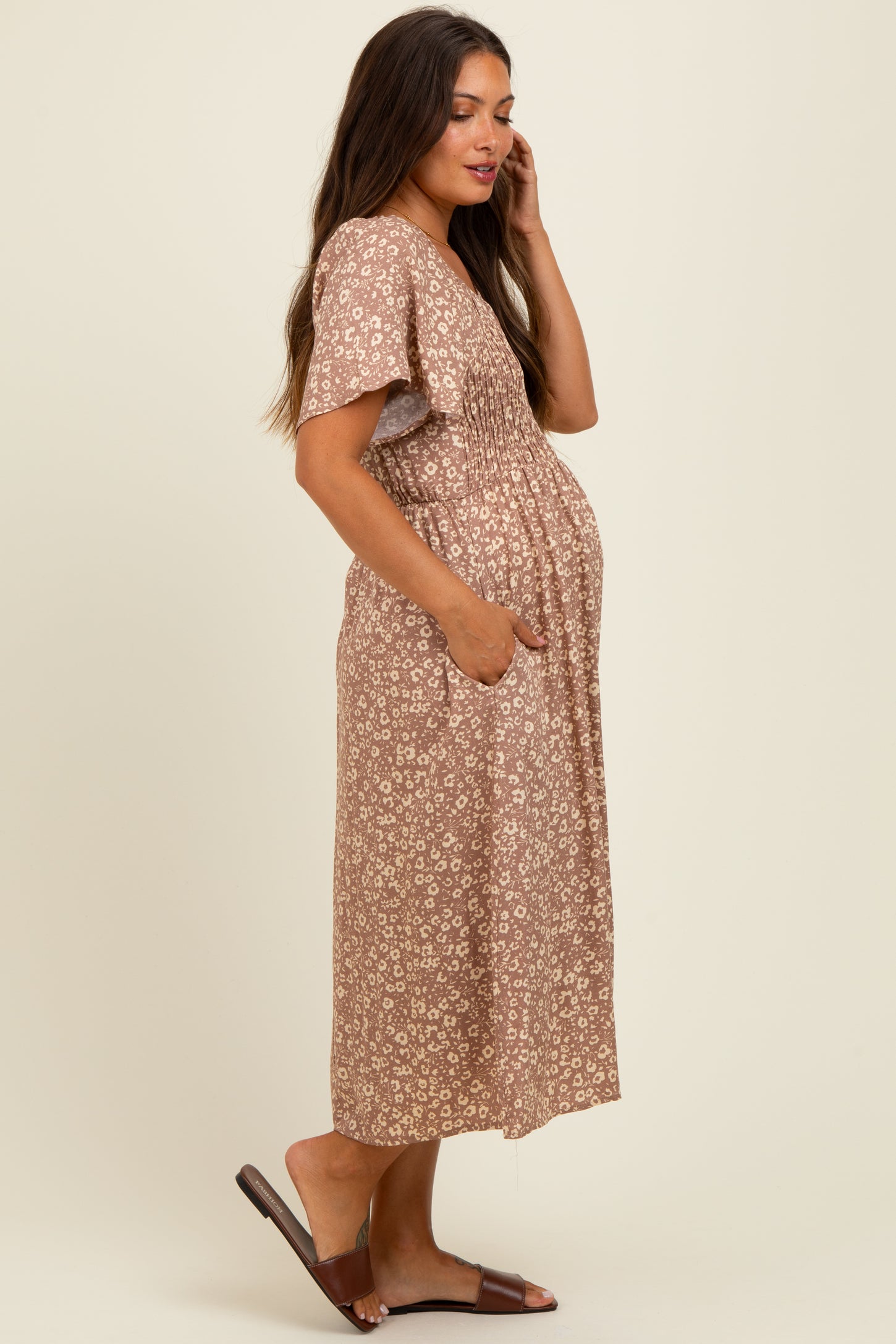 Mocha Printed Maternity Dress With Pockets
