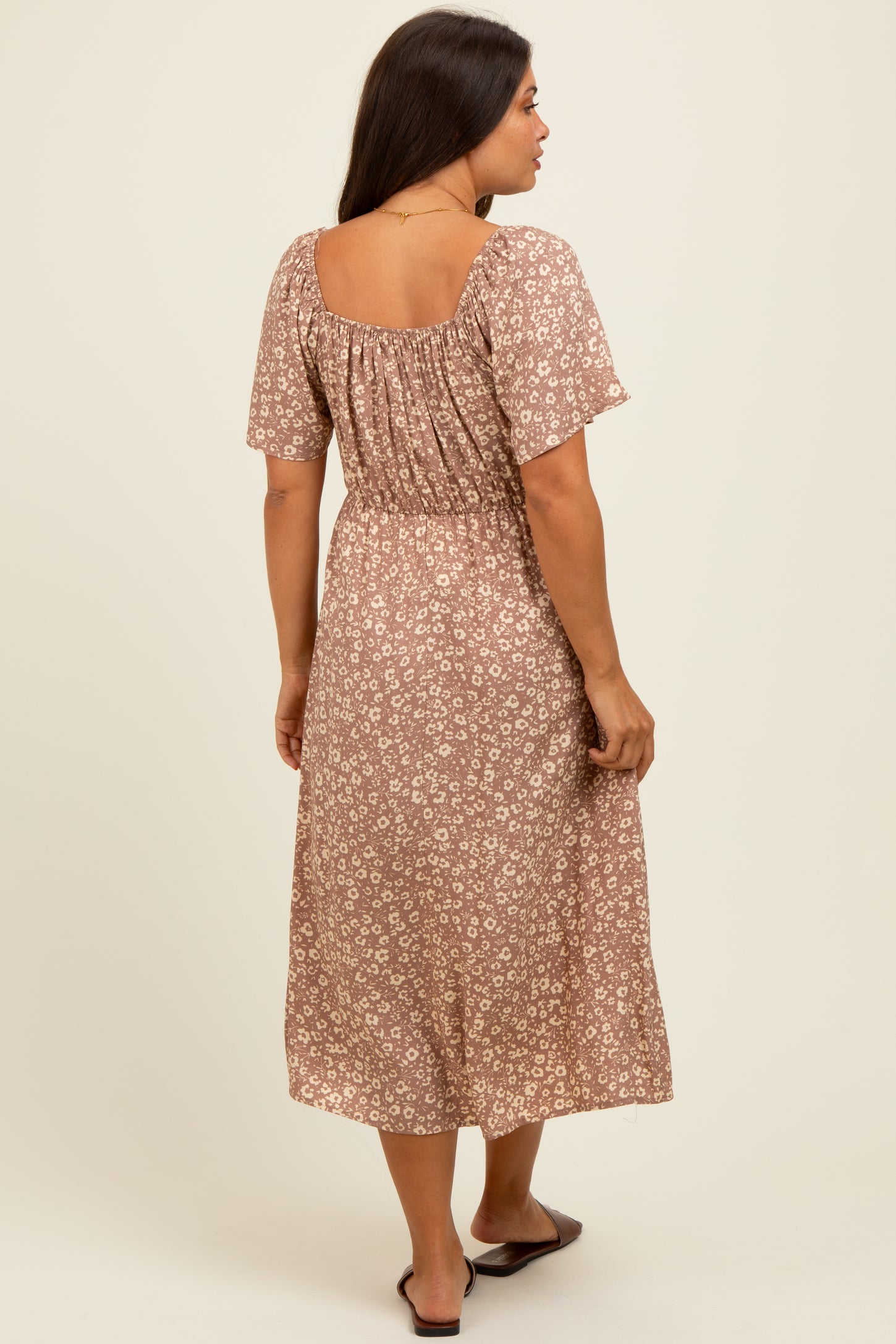 Mocha Printed Maternity Dress With Pockets