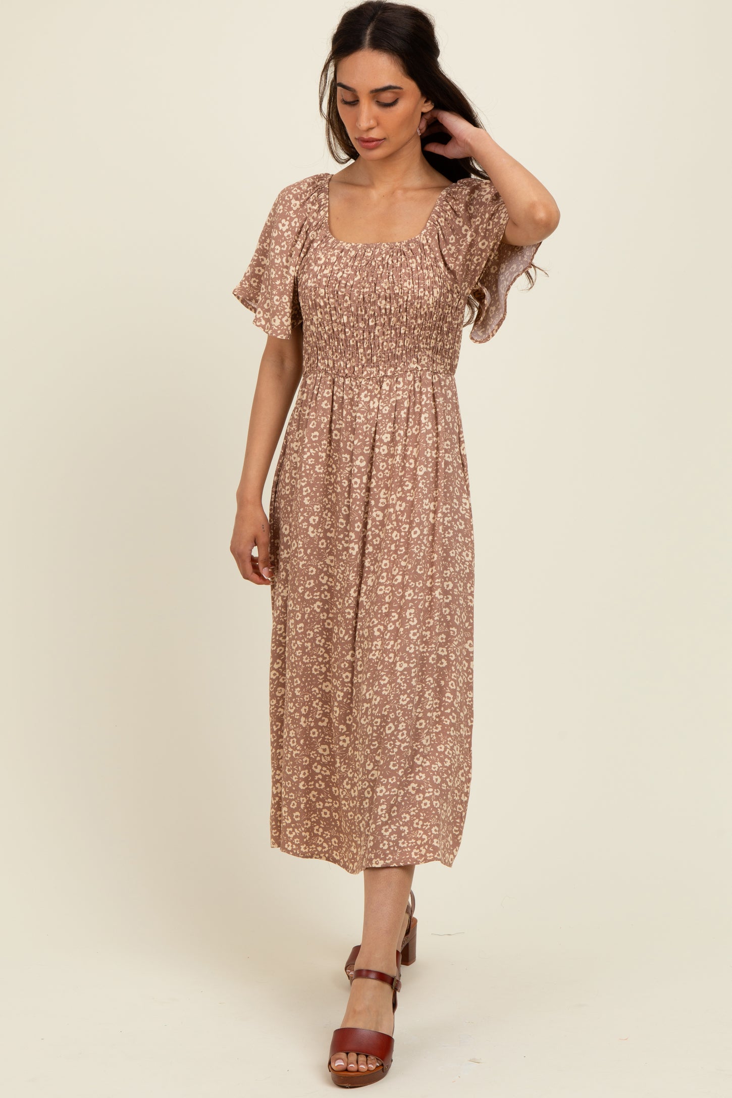 Mocha Printed Maternity Dress With Pockets