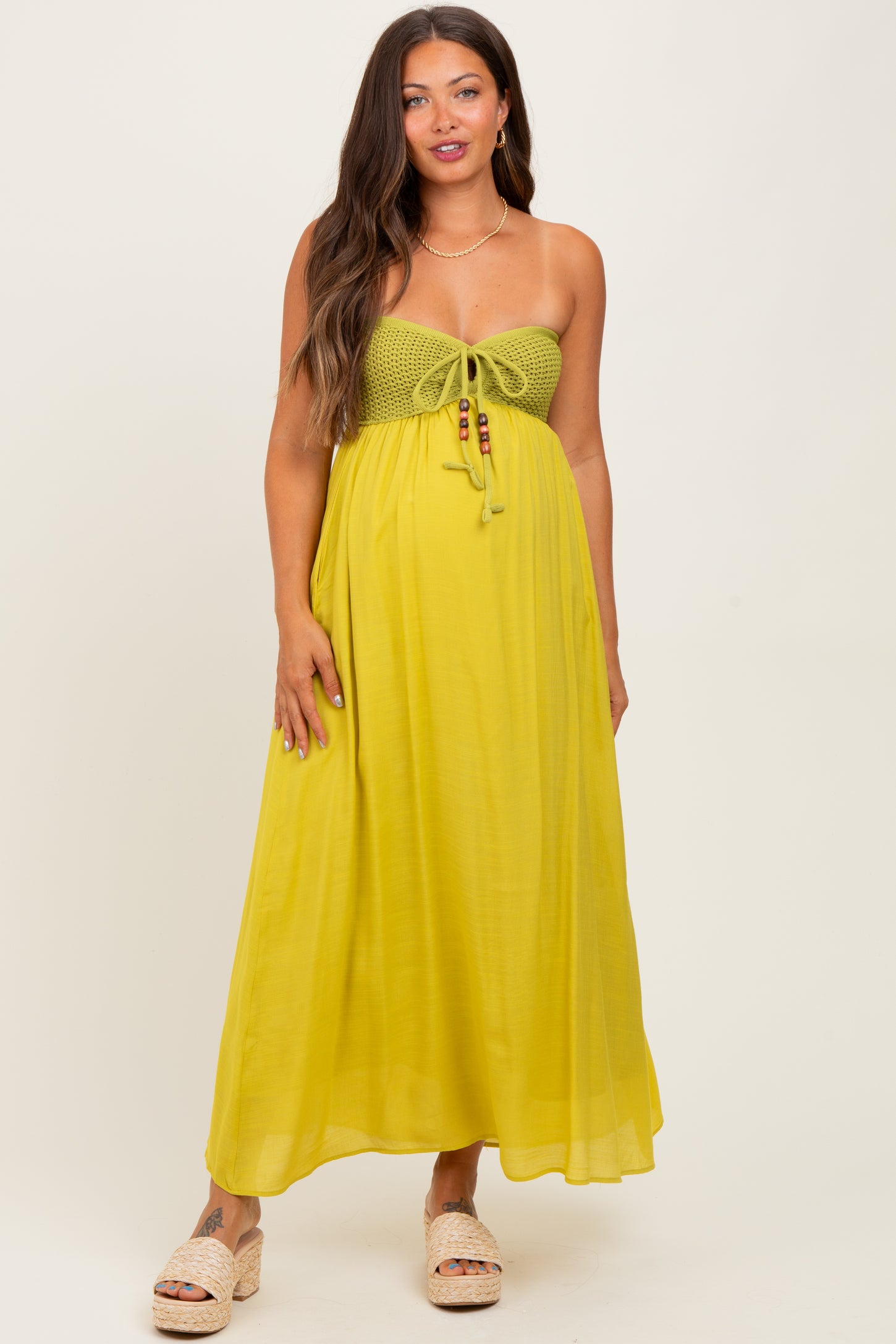 Lime Crochet Contrast Beaded Halter Neck Maternity Maxi Dress