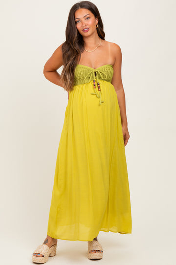 Lime Crochet Contrast Beaded Halter Neck Maternity Maxi Dress