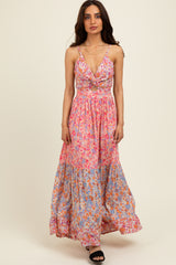 Pink Floral Twist Front Cut Out Tiered Maxi Dress