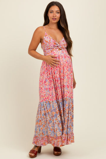 Pink Floral Twist Front Cut Out Tiered Maternity Maxi Dress