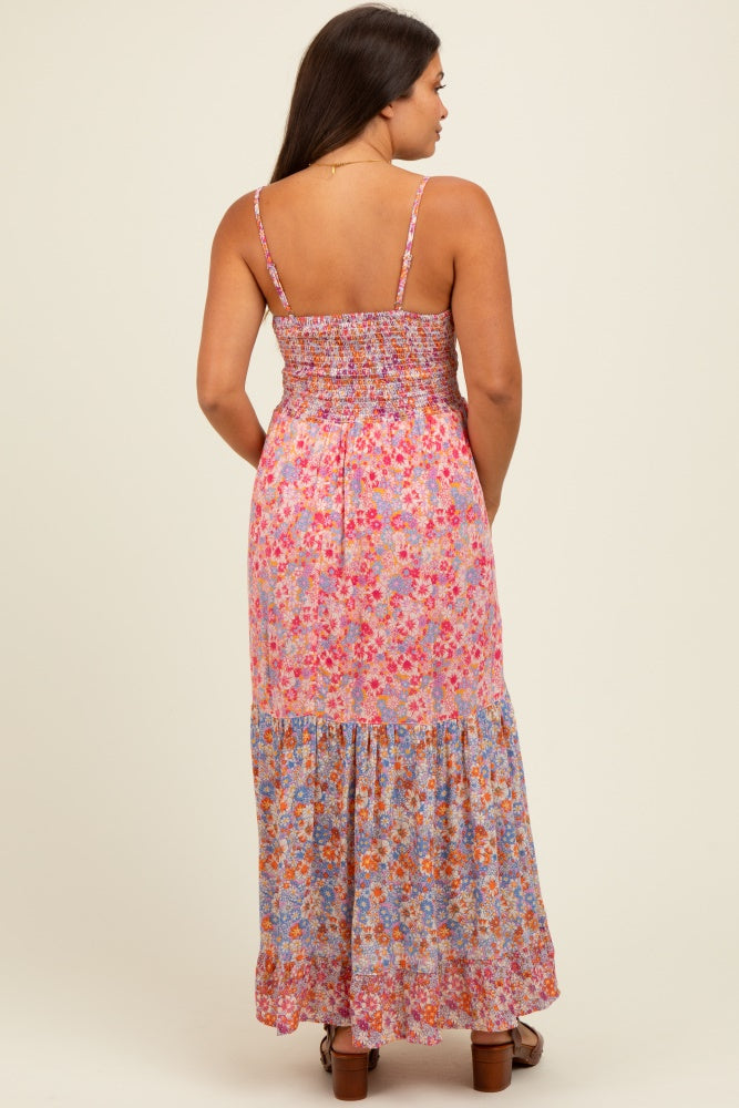 Pink Floral Twist Front Cut Out Tiered Maternity Maxi Dress