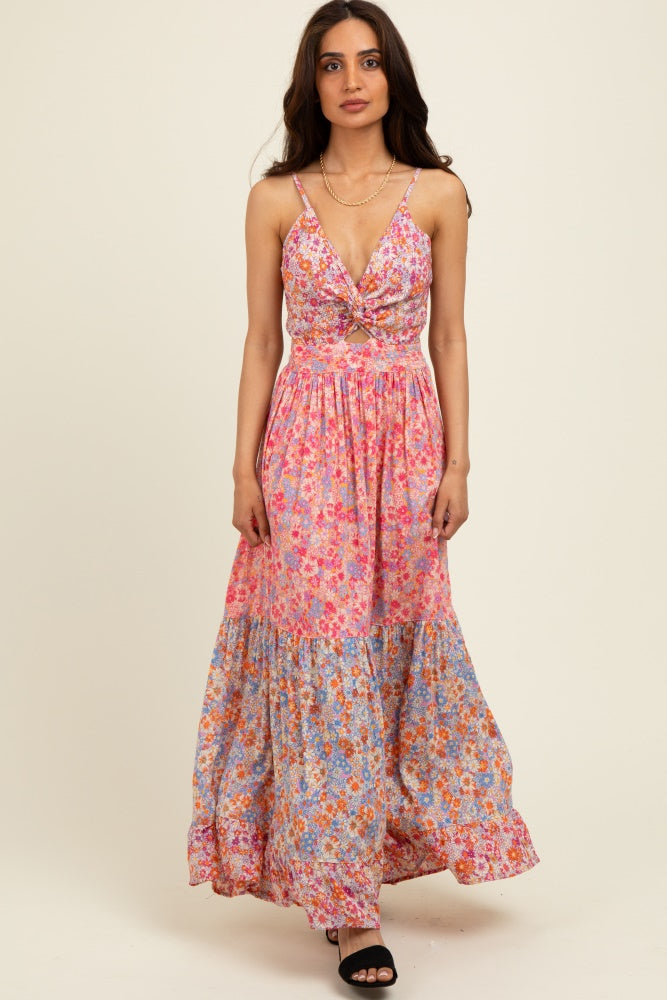 Pink Floral Twist Front Cut Out Tiered Maxi Dress