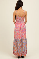 Pink Floral Twist Front Cut Out Tiered Maxi Dress