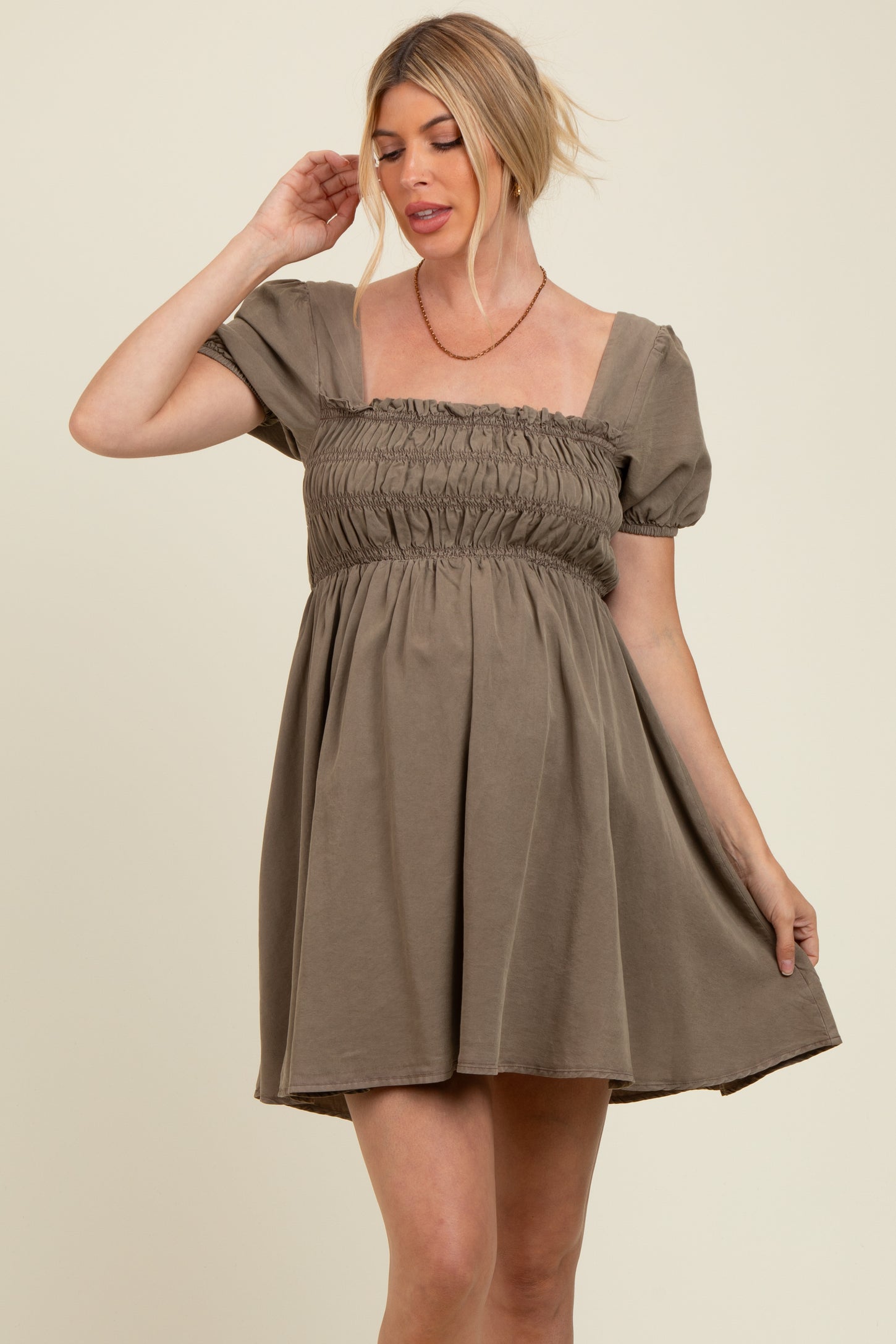 Olive Smocked Puff Sleeve Maternity Mini Dress