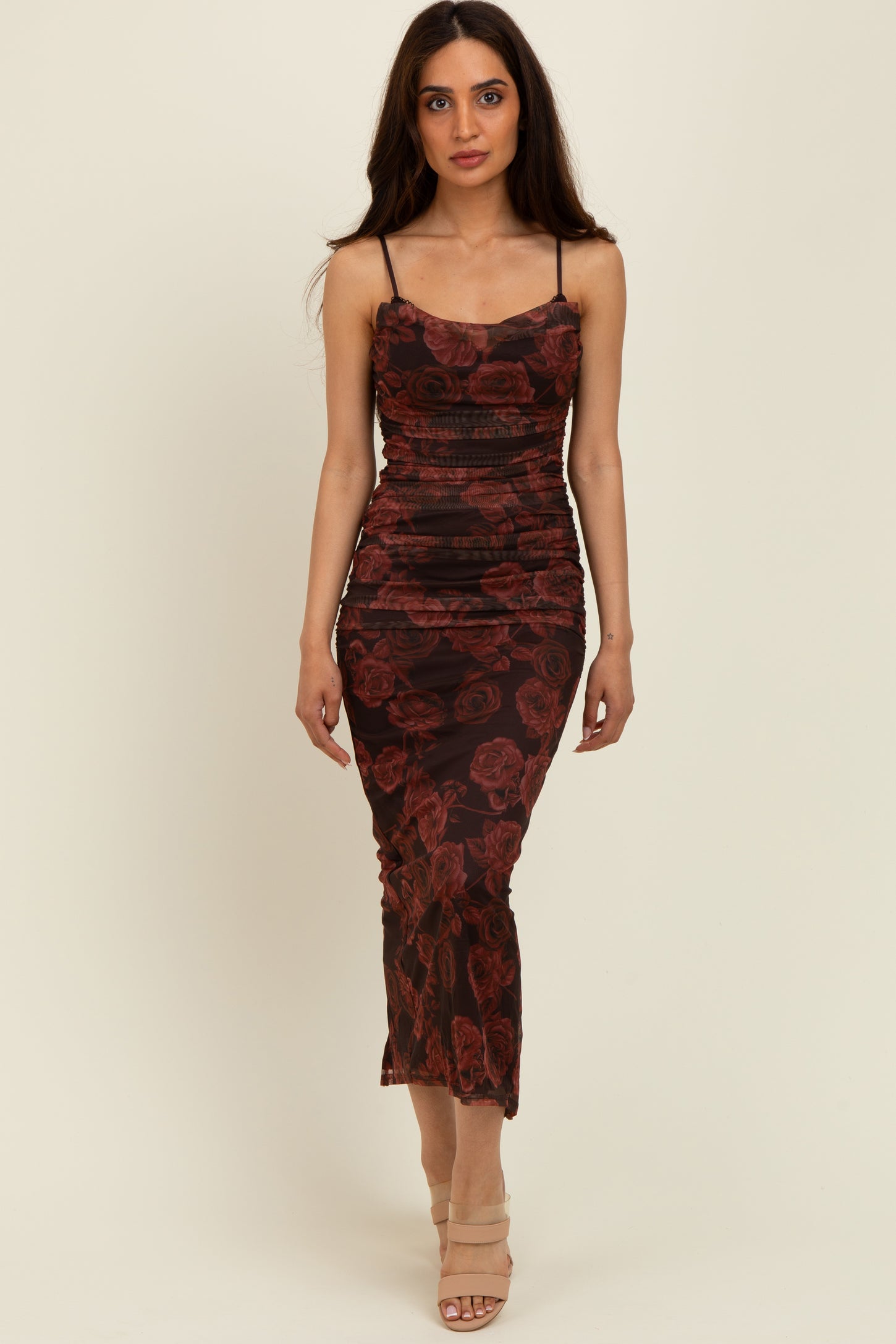 Brown Rose Print Mesh Overlay Ruched Midi Dress