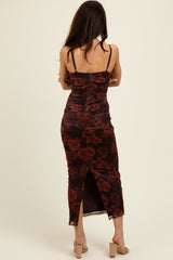 Brown Rose Print Mesh Overlay Ruched Midi Dress