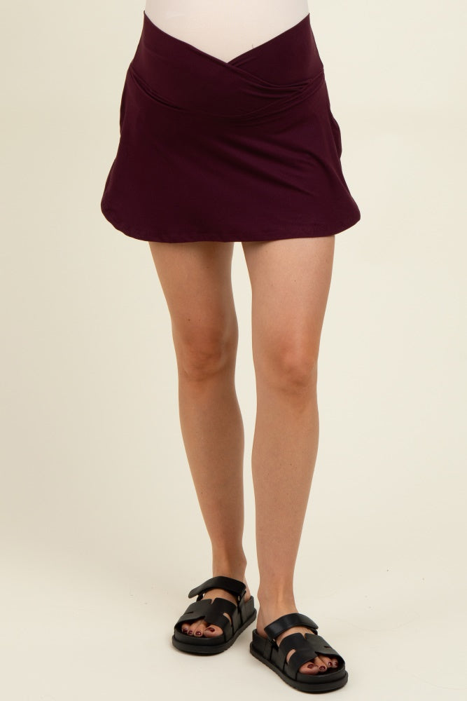 Burgundy Crossover V-Waist Maternity Skort
